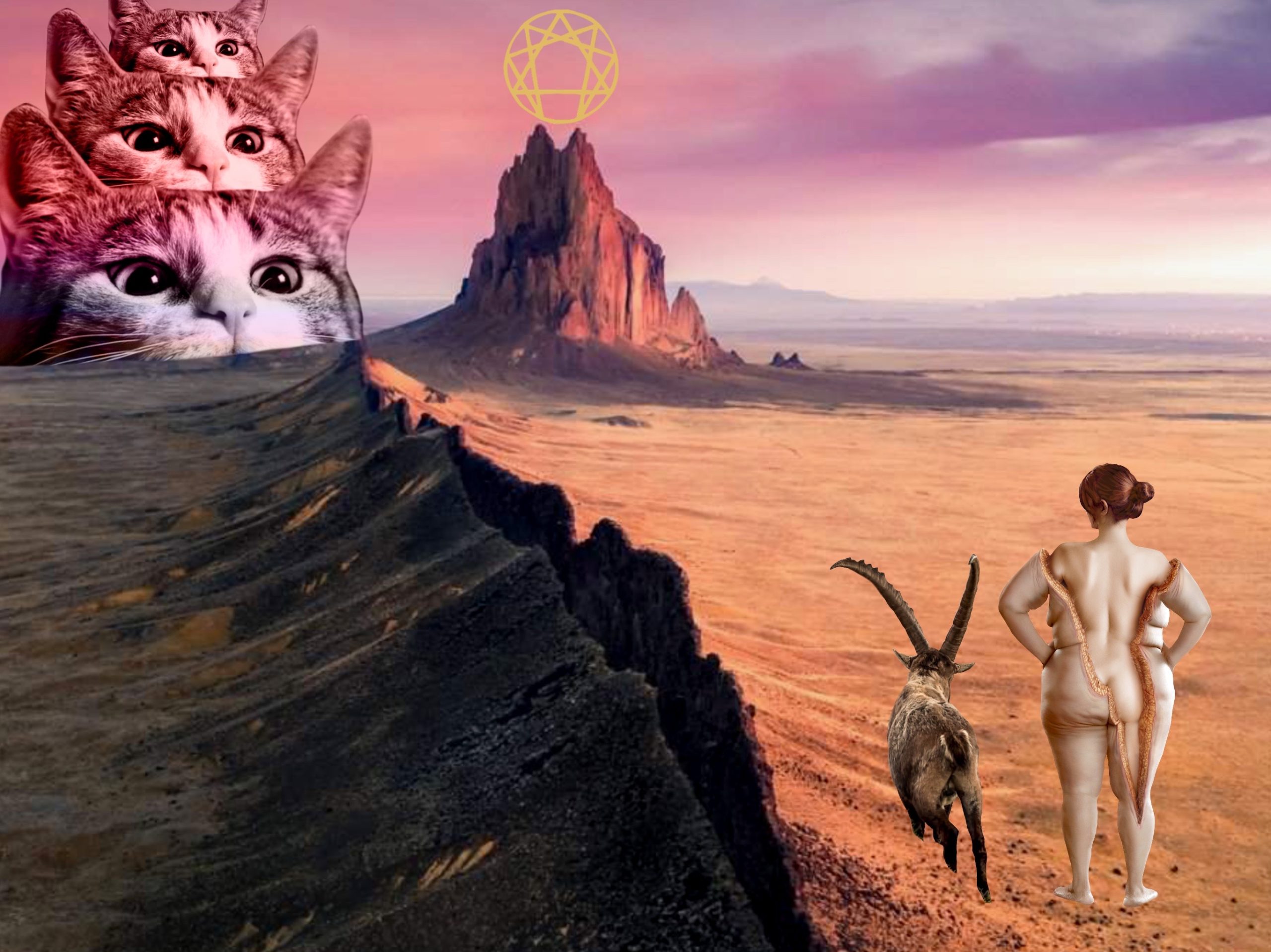 digital collage of woman and ibex in a fantasy desert landscape